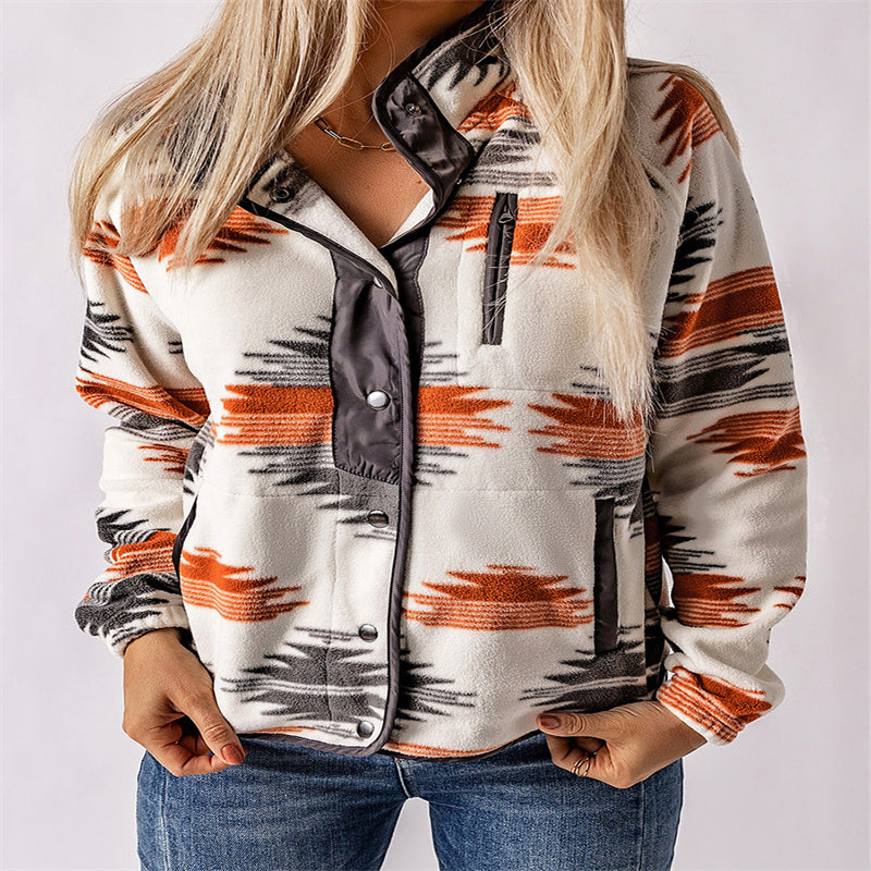 Winter Women's Printed Cardigan Jacket Fashion Color Contrast Fleece Coat