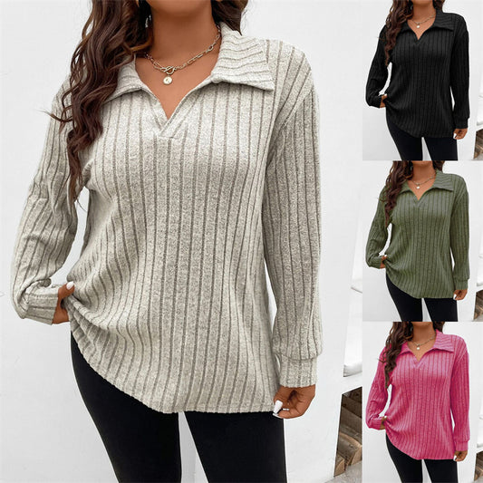 Solid Color plus size Women's v neck vertical striped blouse