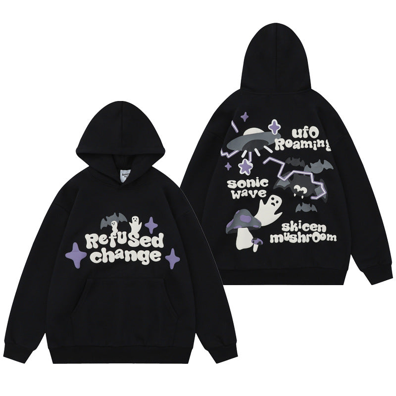 S.M. Thickened Fleece-lined GRAPHIC  Print Pullover Hoodie. S.W