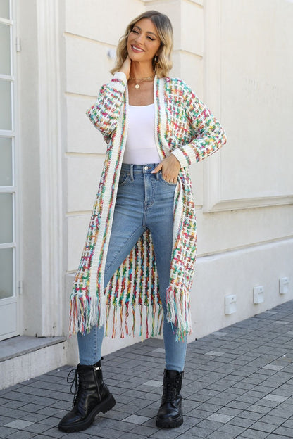 S.W.  Multicolored Open Front Fringe Hem Cardigan