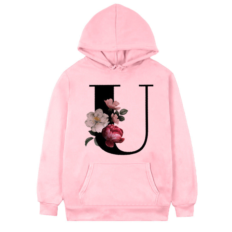 Women's 26-letter Flowers Printed Fleece Hoodie S.W.