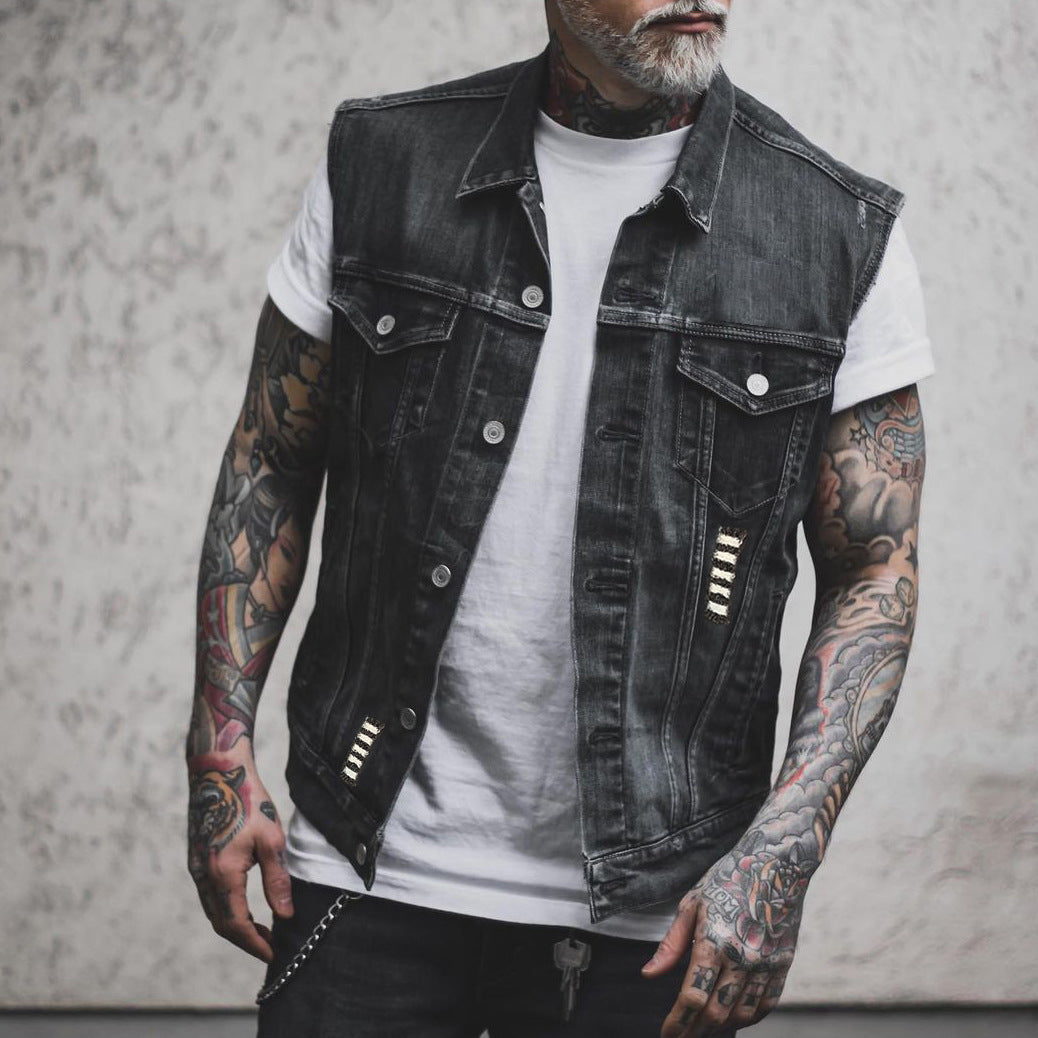 S.M.  Punk Skull Bones Denim Locomotive Turn-down Collar vest