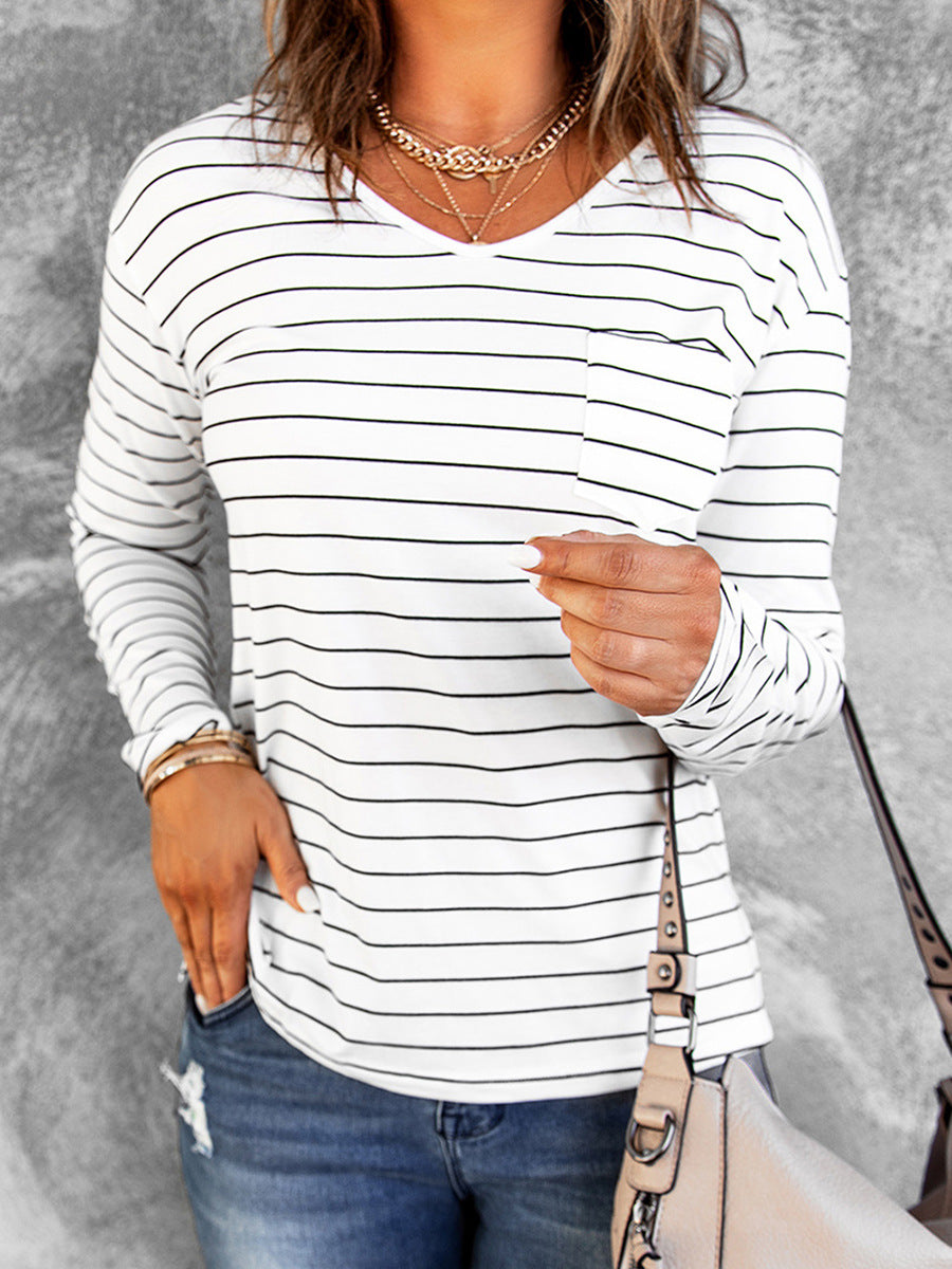 Loose V-neck Striped Long Sleeve Bottoming Shirt