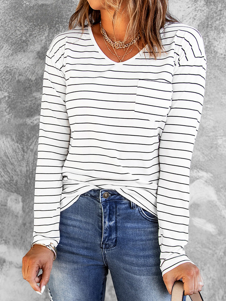 Loose V-neck Striped Long Sleeve Bottoming Shirt