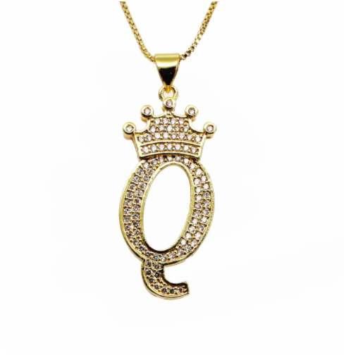 F.J.C. Crown Letter Pendants inlayed with Zirconia with necklace