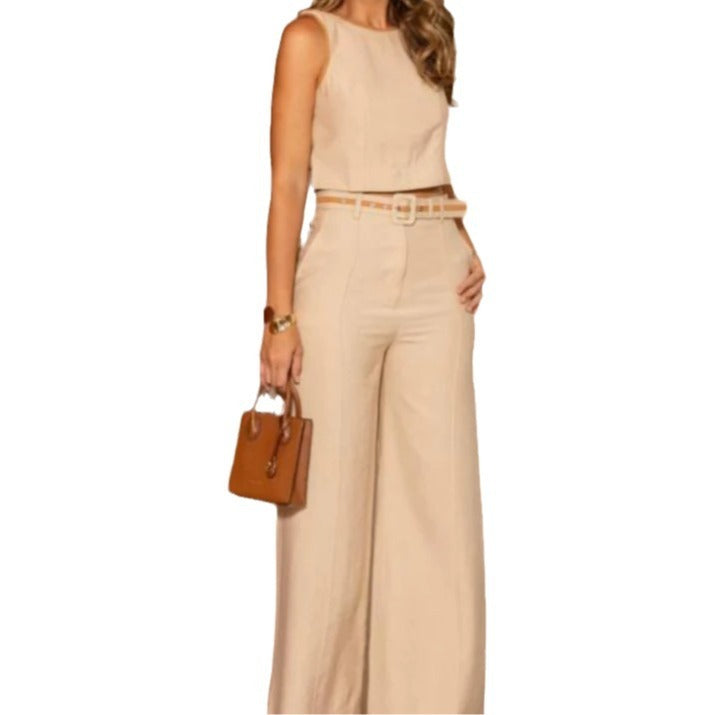 S.W. Solid Color Round Neck Sleeveless Short High Waist Wide Leg Pants Suit