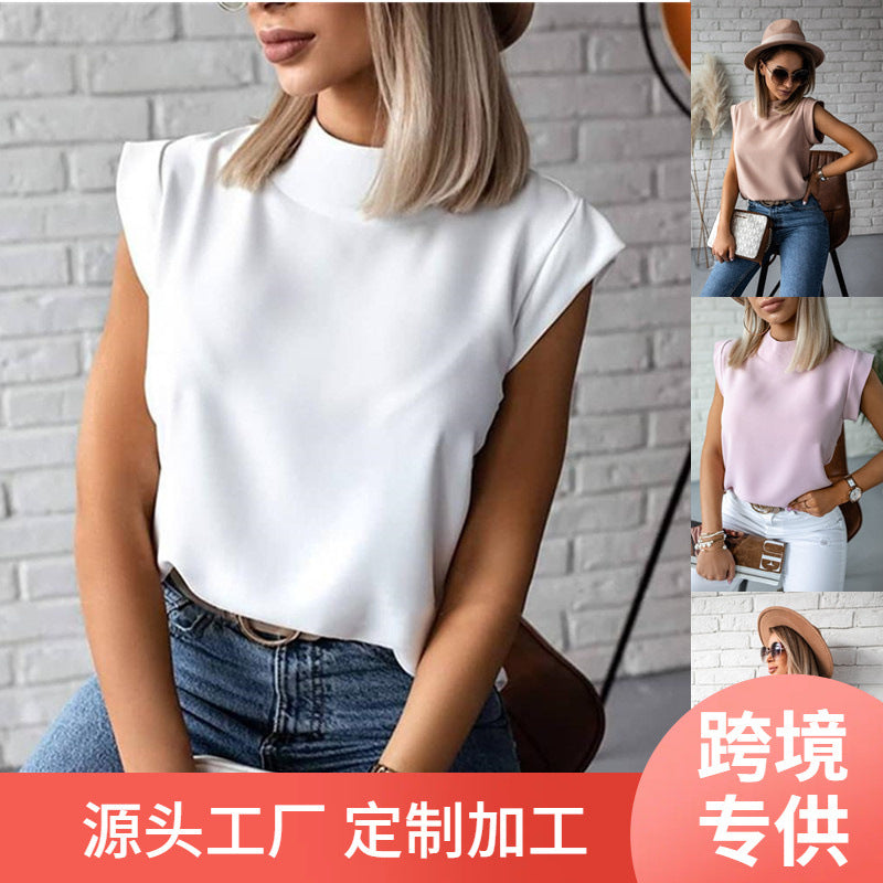 S.W. Women's blouse  elegant slim stand collar short-sleeved blouse