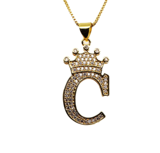 F.J.C. Crown Letter Pendants inlayed with Zirconia with necklace