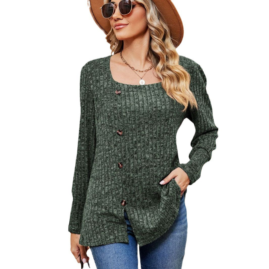 Women's Fashion Casual Loose Square Collar Button Long Sleeve Top S.W.