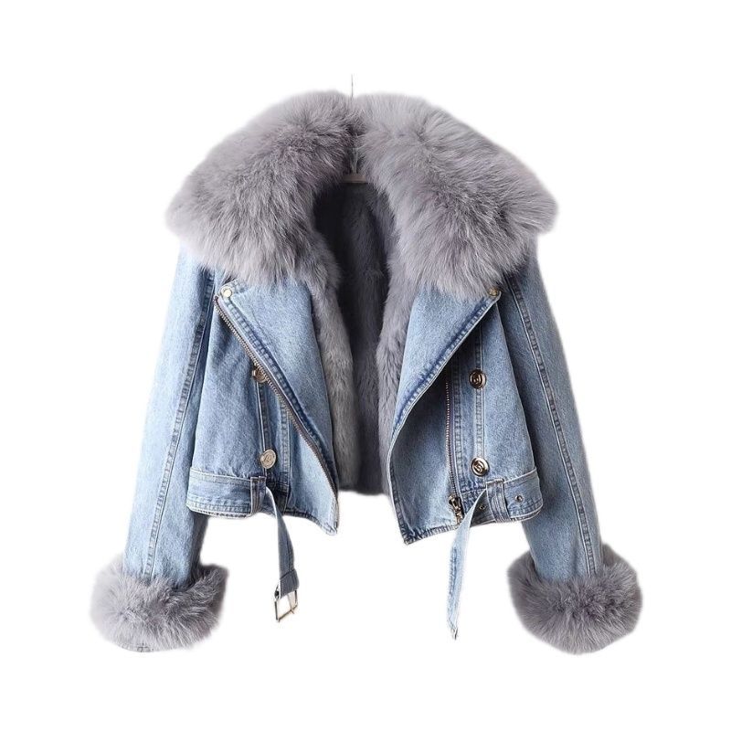 F.J.C.  S.W.  WOMEN'S Detachable Fox Fur Rabbit Fur Liner Denim Coat