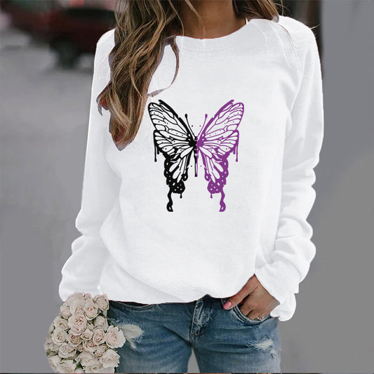 Fashion Colorized Butterfly Round Neck Sweater Printed Sports Top S.W.