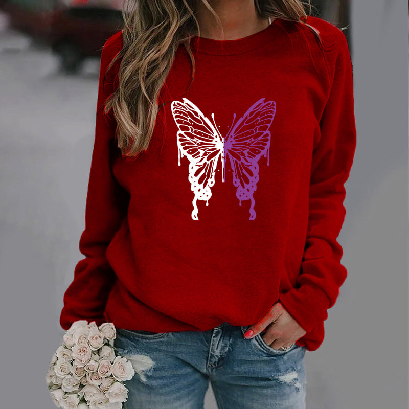 Fashion Colorized Butterfly Round Neck Sweater Printed Sports Top S.W.