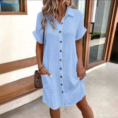 S.W. Solid Color Single-breasted Mid-length Short Sleeve Loose Dress