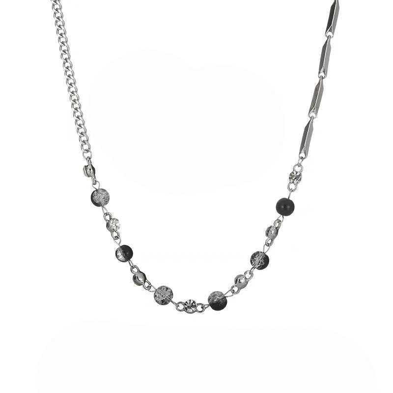 Male Black And White Ice Crack Beads Stitching Titanium Steel Necklace