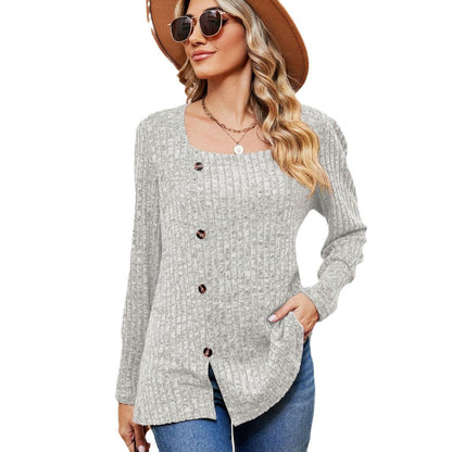 Women's Fashion Casual Loose Square Collar Button Long Sleeve Top S.W.