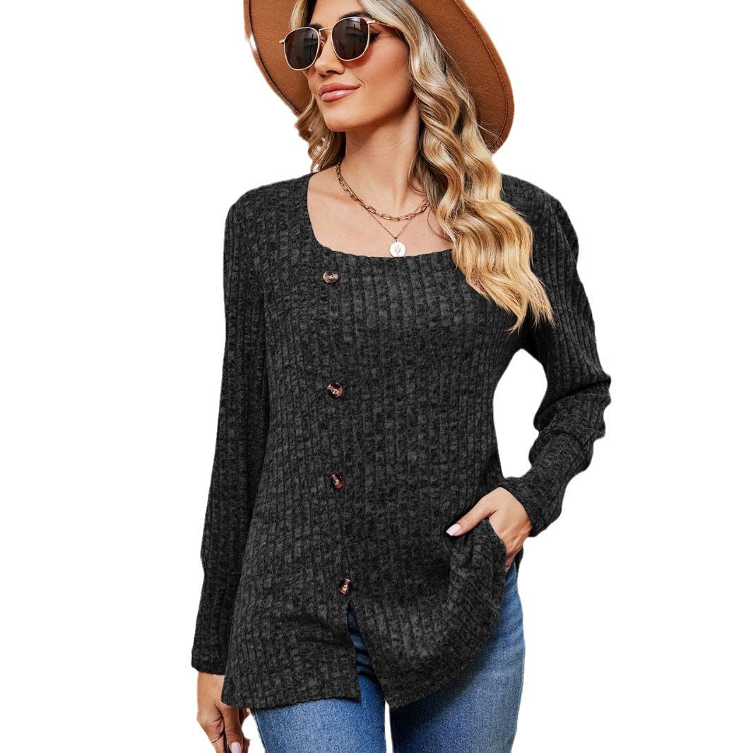 Women's Fashion Casual Loose Square Collar Button Long Sleeve Top S.W.