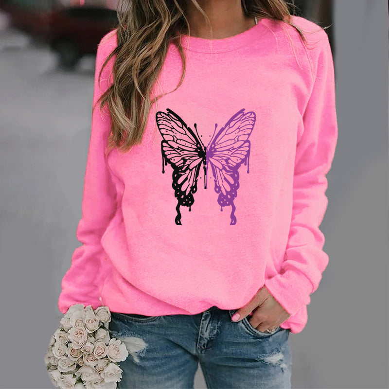 Fashion Colorized Butterfly Round Neck Sweater Printed Sports Top S.W.