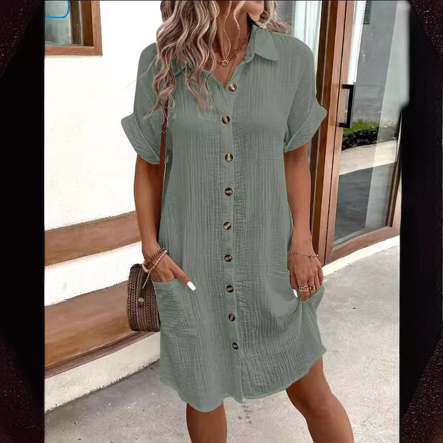 S.W. Solid Color Single-breasted Mid-length Short Sleeve Loose Dress