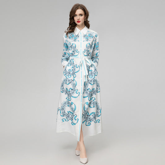 S.W. Long Sleeve Lapel Single Breasted Printed Dress