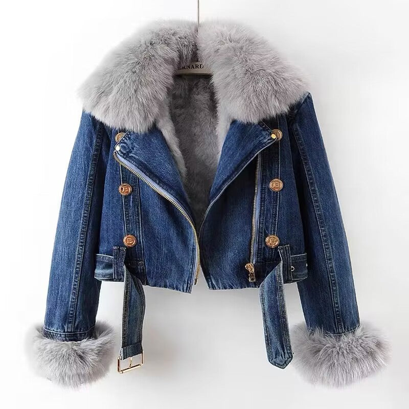 F.J.C.  S.W.  WOMEN'S Detachable Fox Fur Rabbit Fur Liner Denim Coat