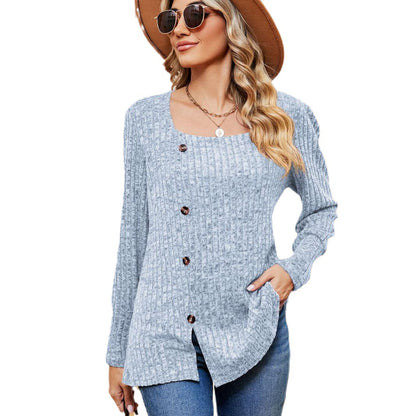 Women's Fashion Casual Loose Square Collar Button Long Sleeve Top S.W.