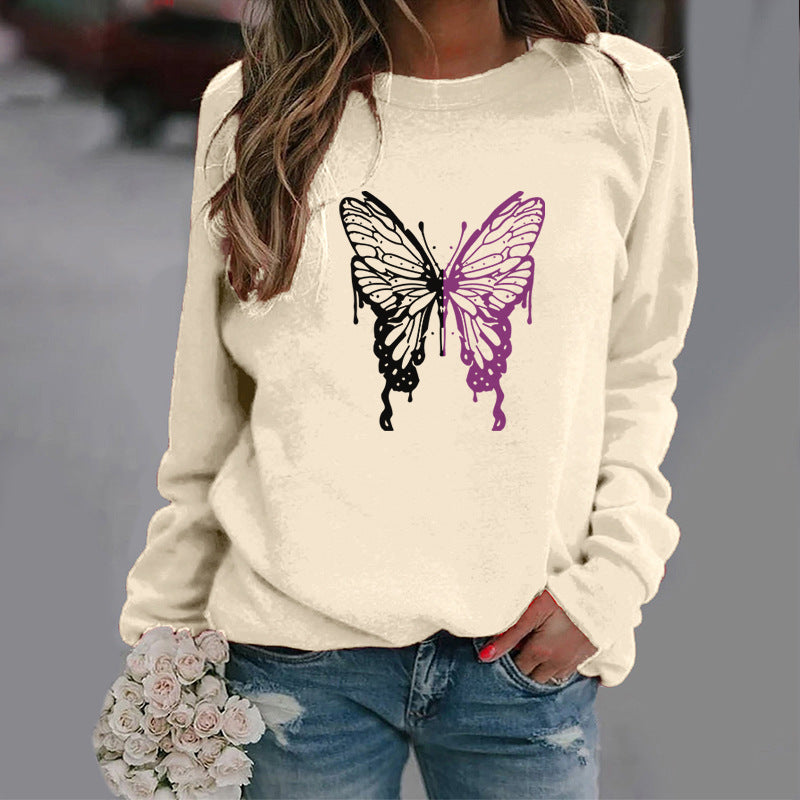 Fashion Colorized Butterfly Round Neck Sweater Printed Sports Top S.W.