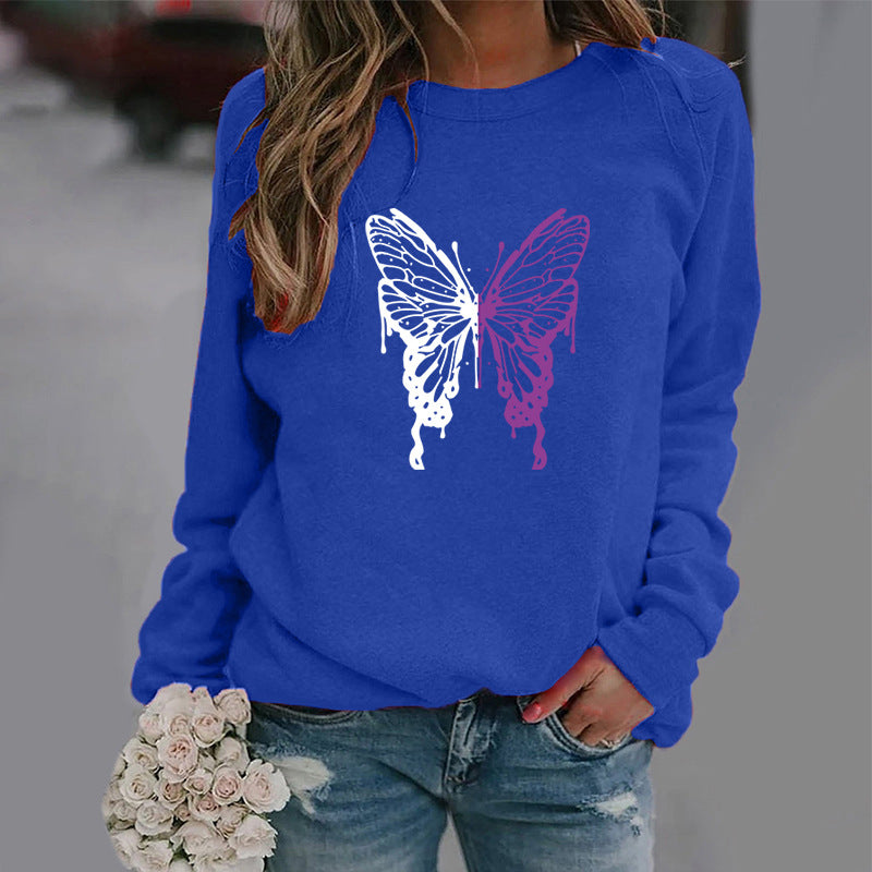 Fashion Colorized Butterfly Round Neck Sweater Printed Sports Top S.W.