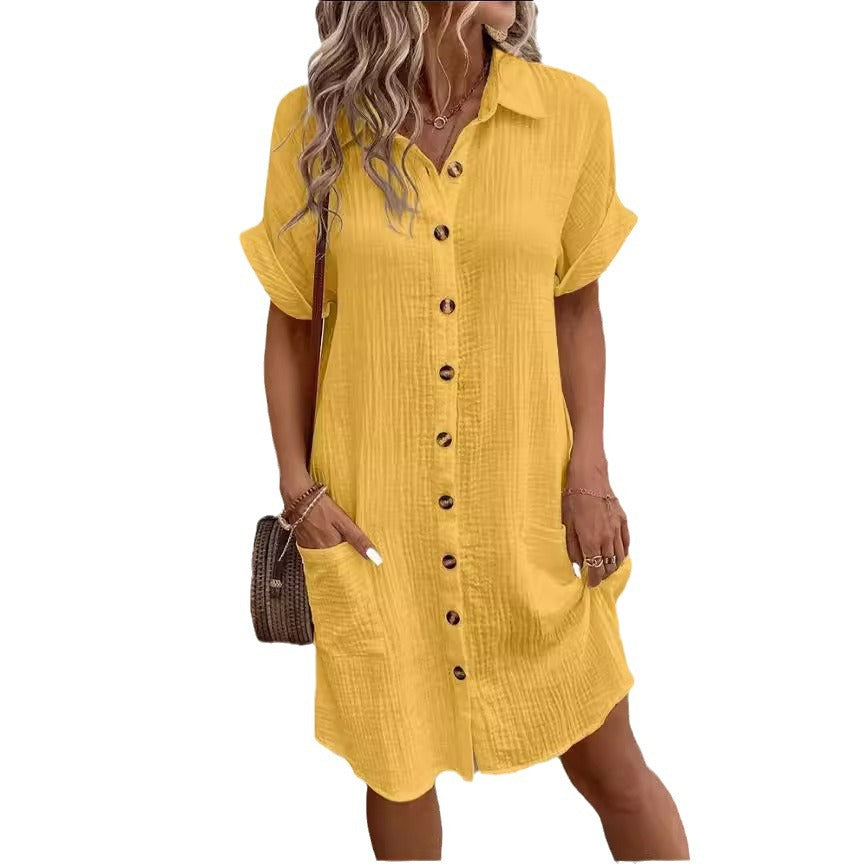 S.W. Solid Color Single-breasted Mid-length Short Sleeve Loose Dress