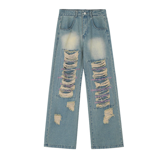 S.W. Beggar Ripped Patch Embroidered Letter Jeans