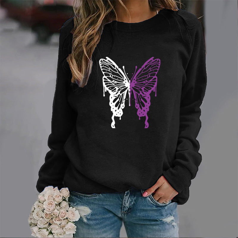 Fashion Colorized Butterfly Round Neck Sweater Printed Sports Top S.W.