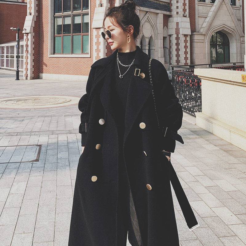 Women's Black Woolen Mid-length coat S.W.