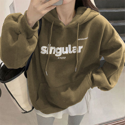 Fleece-lined Thickened Drawstring Hoodie Loose Letter Print Jacket Student Couple Clothes