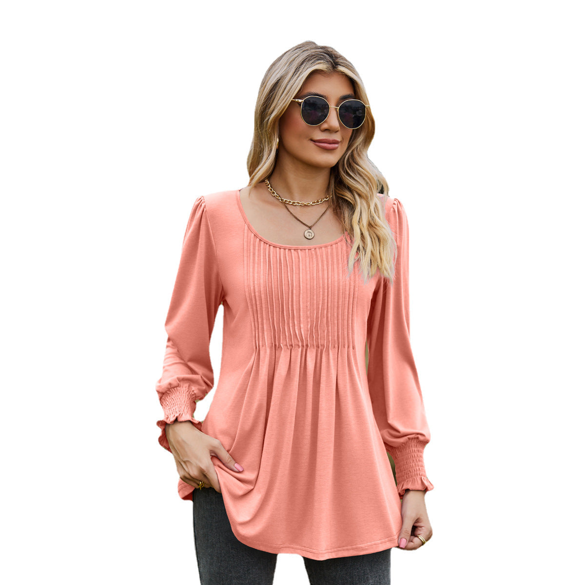 Solid Color Round Neck Drawstring Cuff Smocking Top