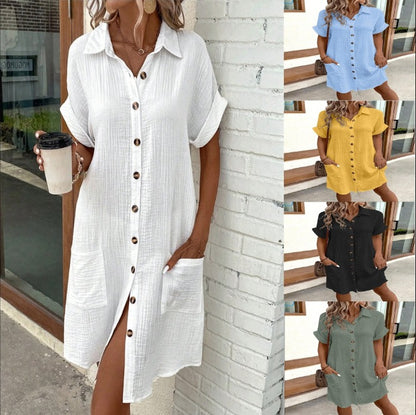 S.W. Solid Color Single-breasted Mid-length Short Sleeve Loose Dress