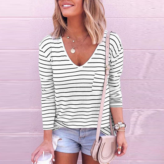 Loose V-neck Striped Long Sleeve Bottoming Shirt