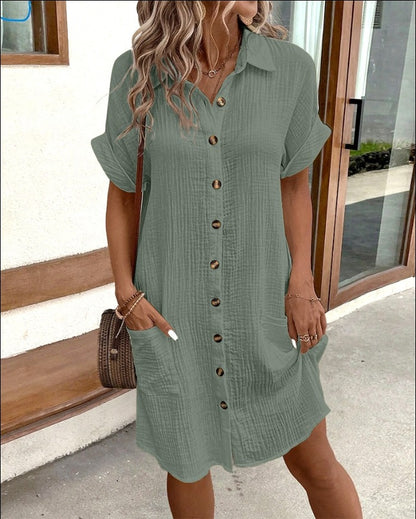 S.W. Solid Color Single-breasted Mid-length Short Sleeve Loose Dress