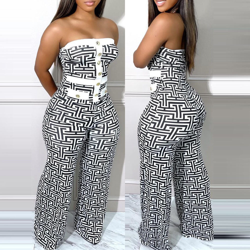 S.W.  Stylish Designer Print Jumpsuit with Wide Leg Pants