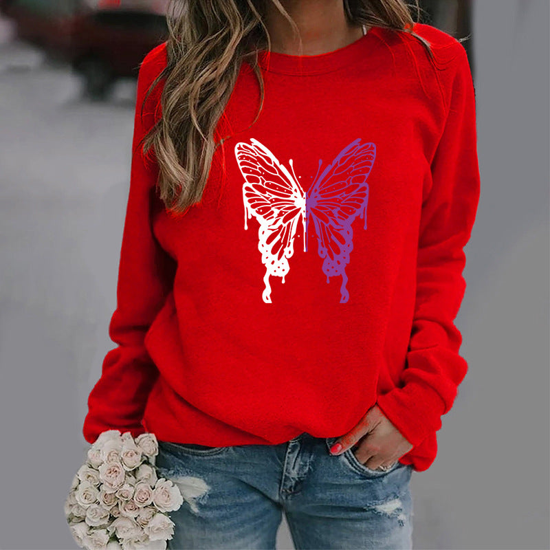 Fashion Colorized Butterfly Round Neck Sweater Printed Sports Top S.W.