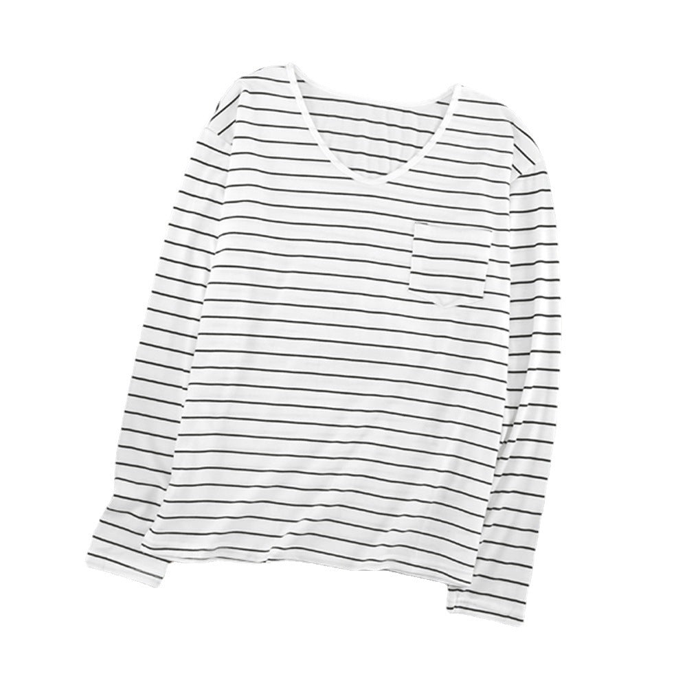 Loose V-neck Striped Long Sleeve Bottoming Shirt