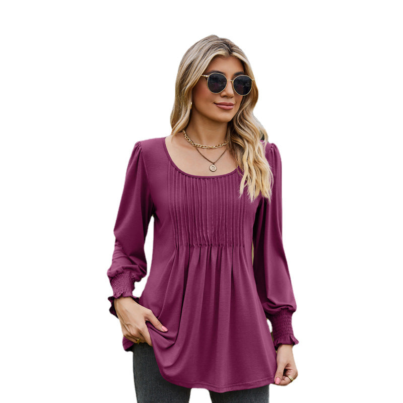 Solid Color Round Neck Drawstring Cuff Smocking Top