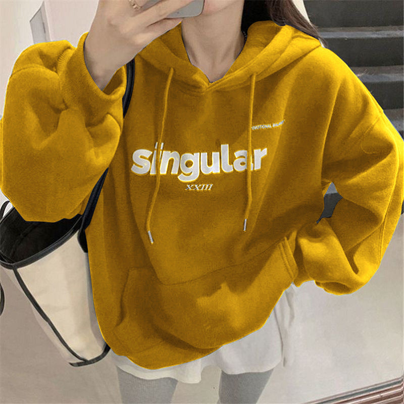 Fleece-lined Thickened Drawstring Hoodie Loose Letter Print Jacket Student Couple Clothes