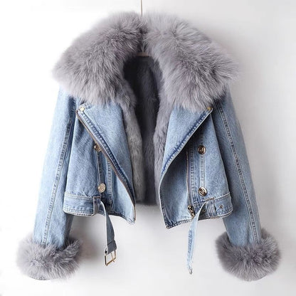 F.J.C.  S.W.  WOMEN'S Detachable Fox Fur Rabbit Fur Liner Denim Coat