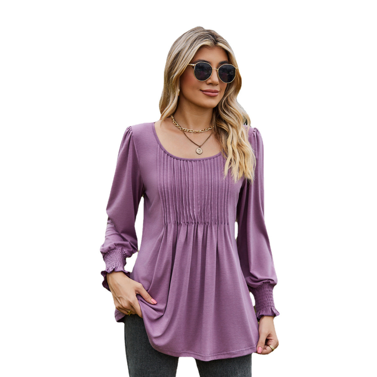 Solid Color Round Neck Drawstring Cuff Smocking Top