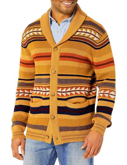 S.M. Contrasting Color Jacquard Knitted Cardigan Coat For Men