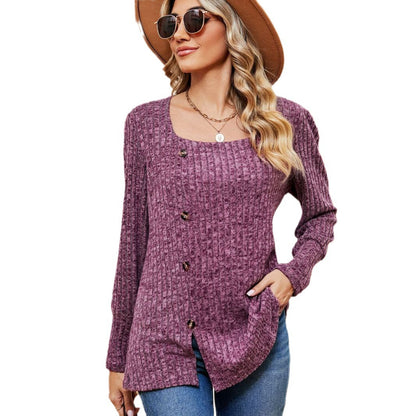 Women's Fashion Casual Loose Square Collar Button Long Sleeve Top S.W.