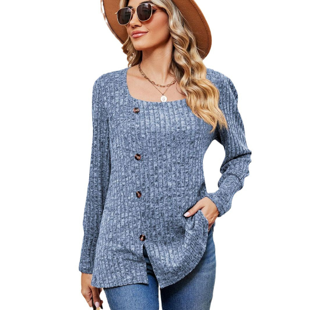 Women's Fashion Casual Loose Square Collar Button Long Sleeve Top S.W.