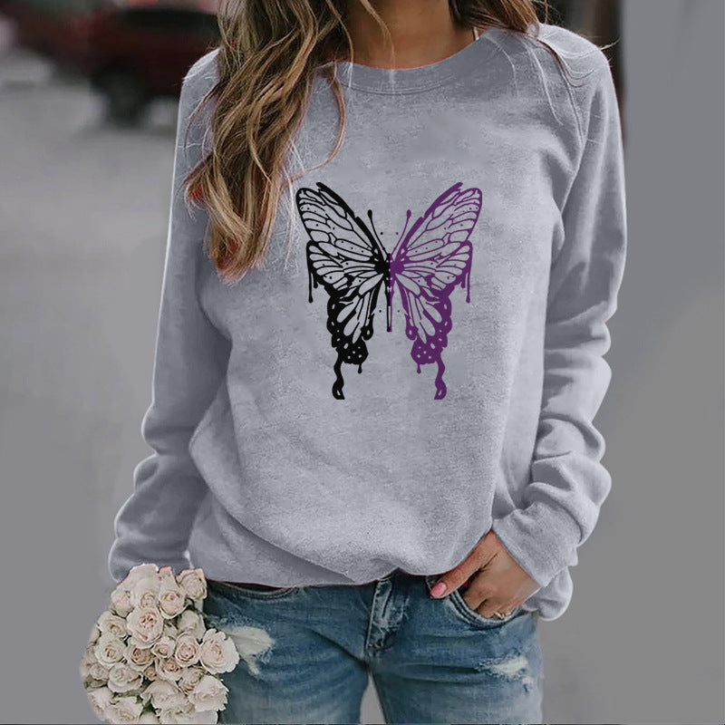 Fashion Colorized Butterfly Round Neck Sweater Printed Sports Top S.W.