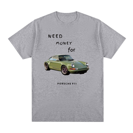 a grey t - shirt with a green car on it