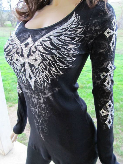 S.W. Women's Fashionable Temperament Flying Wings Printing Long Sleeve Square-neck Top