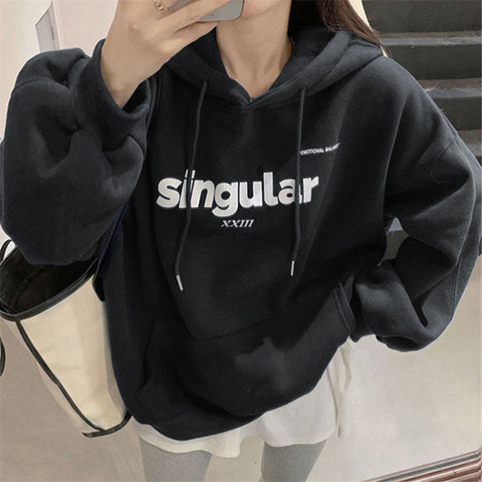 Fleece-lined Thickened Drawstring Hoodie Loose Letter Print Jacket Student Couple Clothes